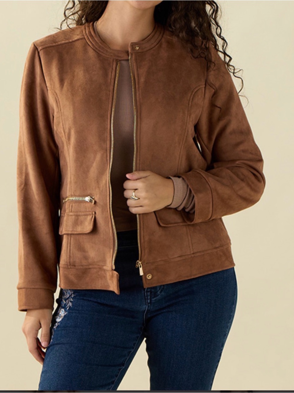 Women's Brown faux Suede-Style Zip Front Jacket Size M